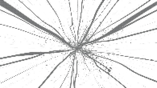Concentric radial explosion of black halftone dots on a transparent background, abstract digital art, geometric pattern, speed lines, dynamic effect