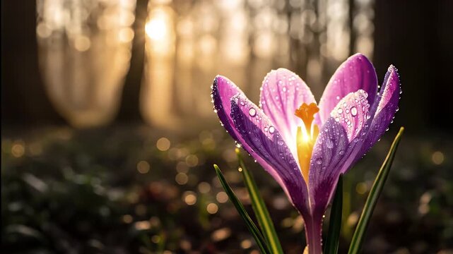 Majestic Wild Crocus Unfurling Its Glowing Core in Misty Forest Golden Hour Light