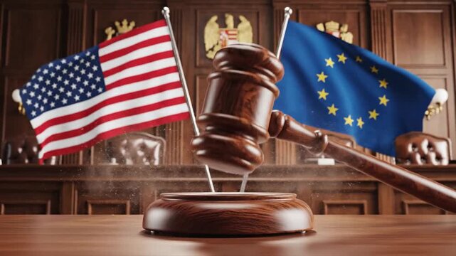 Wooden gavel and legal mallet resting between European Union and United States flags symbolizing international law cooperation and diplomatic judicial relations in a 3D illustration.