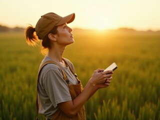 Fototapeta premium Female Farmer Operating Drone at Sunrise in Wheat Field