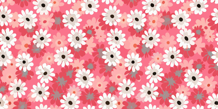 Seamless floral pattern featuring white and red daisy like blossoms
