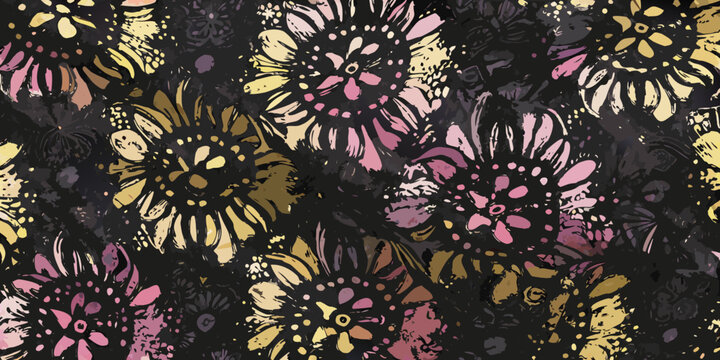 Abstract floral pattern with sunflowers in shades of gold and pink