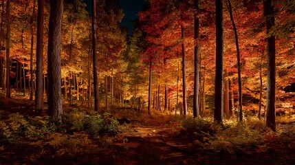 Fototapeta premium Autumn forest at night, glowing fall foliage, dramatic woodland landscape outdoors in fall season