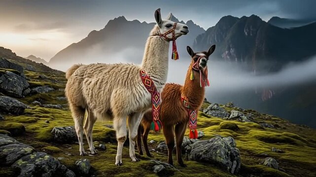 Llamas Standing on Mountainous Landscape.