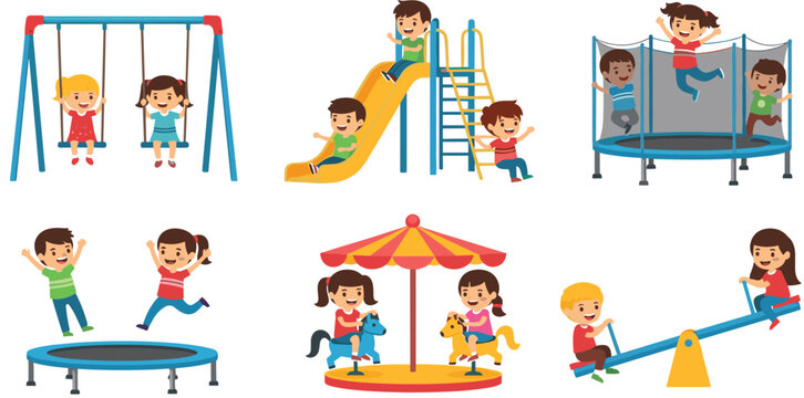 Kids playground vector set with children playing swings, slide, trampoline and carousel, outdoor fun activity illustration