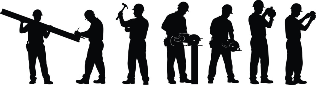 Construction workers silhouette set with carpenters using tools saws and hammers for manual labor cad drawing flat vector illustration industrial