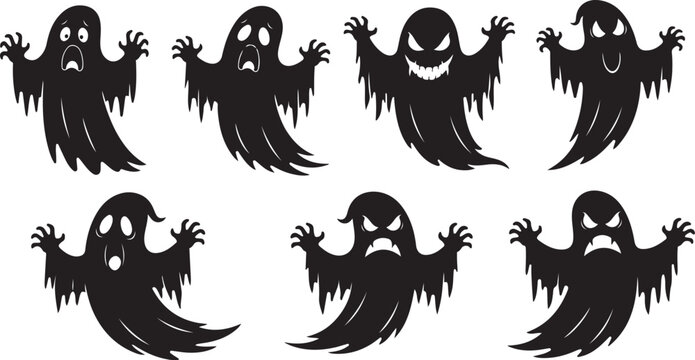 Set of 6 black ghost icons vector isolated on Transparent Background