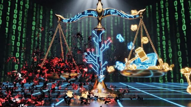 Digital Legal Law System Concept with Golden Libra Scale of Justice Representing Cyber Crime Regulation and Judicial Order in a Virtual 3D Illustration Environment.