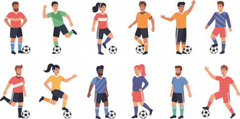 Soccer Players Character Vector Illustration Set with Male and Female Football Athletes, Ball Control, Dribbling Poses, and Team Sports Collection © MstBobita