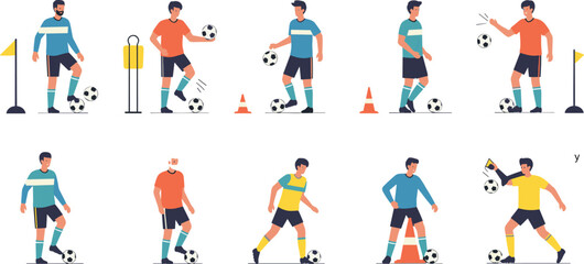 Soccer Training and Dribbling Practice Vector Illustration Set with Football Players, Cones, Equipment, Skill Exercises, and Coaching Activity Collection © MstBobita