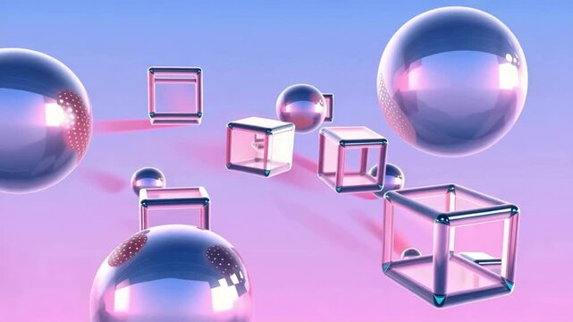 Abstract 3D rendering of glass cubes and chrome spheres floating in a pink and blue gradient space.