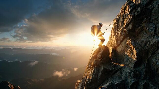 lone climber scaling a steep rocky mountain with ropes, dramatic sunrise behind the summit, silhouette of a single mountaineer struggling upward, rugged sharp rock face, long rope hanging down the cli