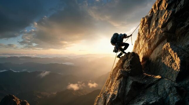 lone climber scaling a steep rocky mountain with ropes, dramatic sunrise behind the summit, silhouette of a single mountaineer struggling upward, rugged sharp rock face, long rope hanging down the cli