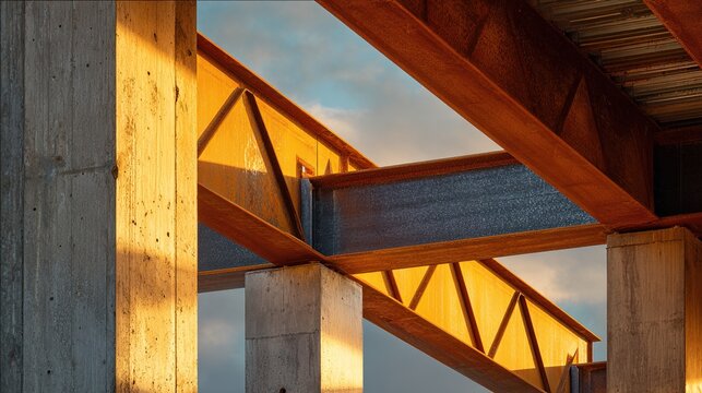 erection. Construction site featuring steel beams and concrete structures during golden hour, showcasing industrial aesthetics. safety posters.