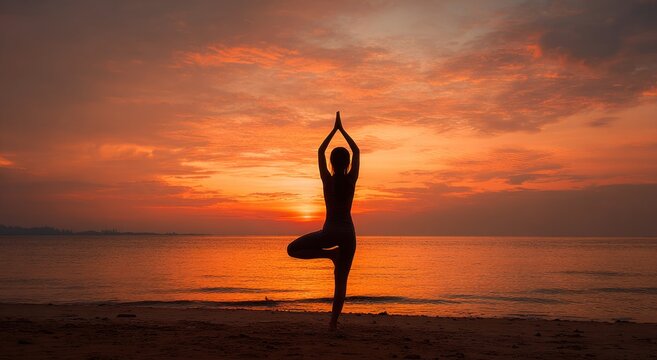 A silhouette of a person practicing yoga at sunset on a beach, surrounded by a beautiful sky and tranquil waters.