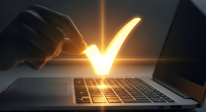 Luminous golden checkmark materializing from a laptop, symbolizing digital success, online verification, project completion, and achieving goals with modern technology
