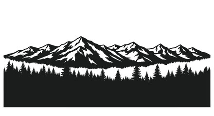 Dramatic mountain range and forest landscape in stark black silhouette © MdRabby