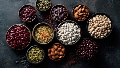 Fototapeta premium A visually appealing arrangement of various legumes and nuts in bowls, showcasing diverse textures and colors against a dark background.