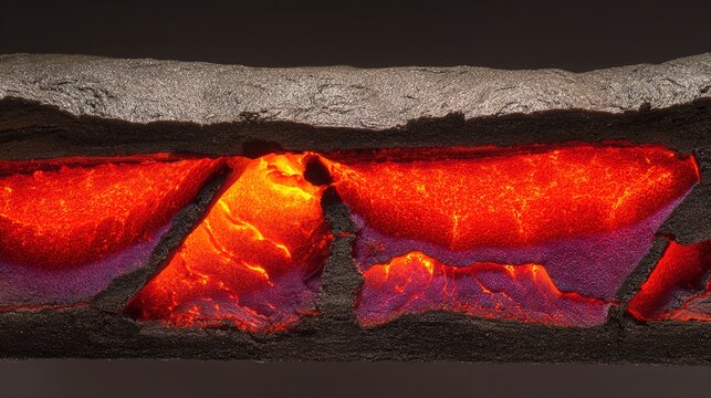 bedrock. Cross-section of cooled volcanic lava flow fused with bedrock, contrasting textures. safety posters, maintenance manuals, designed for industrial assembly lines and welding operations.