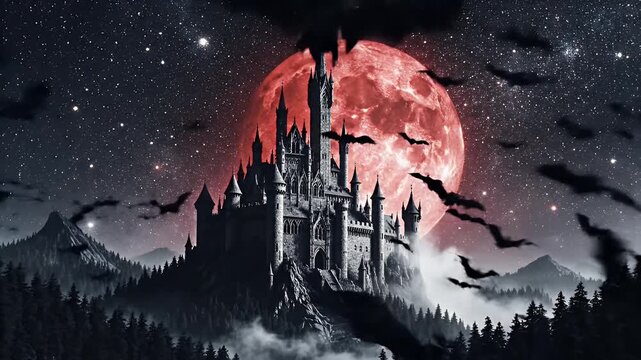 Castle with Bats, Moon, and Night.