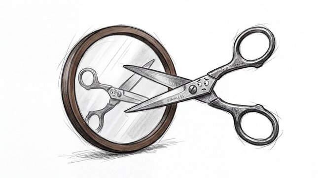 Scissors Looking Confused Trying to Cut Reflection