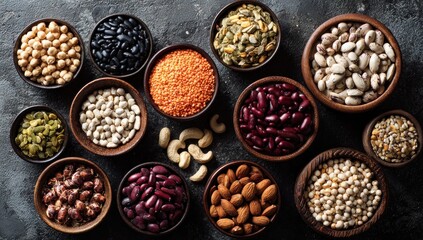 Obraz premium A vibrant arrangement of various nuts and legumes in wooden bowls, showcasing a rich variety of textures and colors.