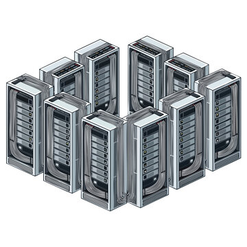 Isometric cluster of vintage mainframe computers with visible cabling