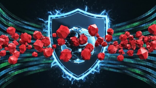 Futuristic Glowing Cyber Security Digital Shield Icon Representing Data Protection Encryption Network Safety and Cloud Privacy Firewall Defense Animation in High Definition Blue Tech Background