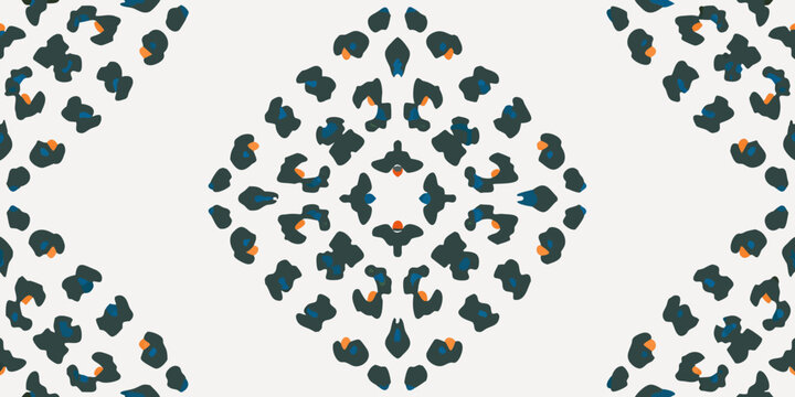 Symmetrical arrangement of dark teal and orange leopard print shapes