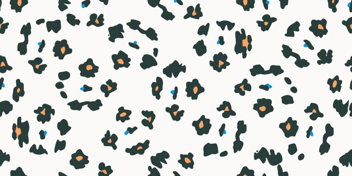 Abstract leopard print pattern with dark shapes and orange accents