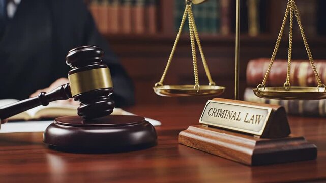 Professional Criminal Law Judge Gavel Resting on Wooden Stand with Scale of Justice Symbolizing Legal System and Judicial Authority in Courtroom Setting