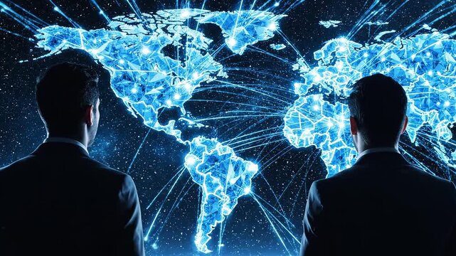 Two men in suits pointing at a digital world map