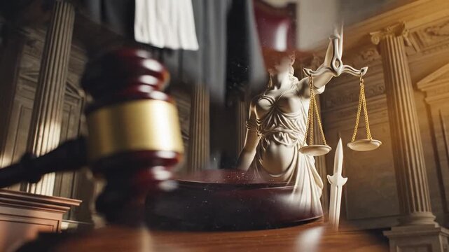 Professional wooden gavel and sound block representing justice and order with a statue of Lady Justice Themis in a legal courtroom setting for litigation and authority.