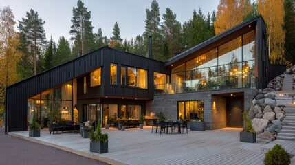 Obraz premium Modern Scandinavian House Surrounded by Nature with Glass Facade, Fire Pit, Outdoor Seating, and Autumn Foliage for Architectural Inspiration
