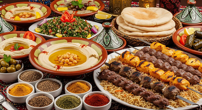 Middle eastern buffet with hummus kebab pita bread and rich spices