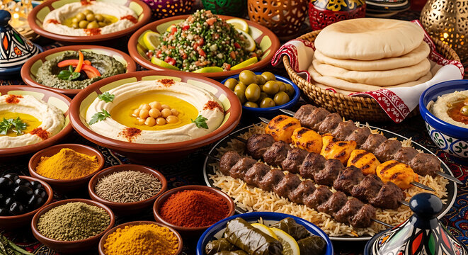 Middle eastern buffet with hummus kebab pita bread and rich spices