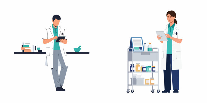 Professional male and female pharmacists using digital tablets in a pharmacy or laboratory setting, vector illustration.