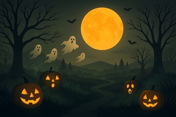 Fototapeta premium Spooky Halloween night scene with glowing pumpkins, ghosts and full moon over dark forest landscape in atmospheric illustration style.