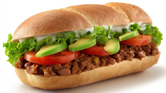 Flavorful Mexican Torta Sandwich with Bolillo, Creamy Sauce, Tomatoes, Lettuce, and Savory Filling