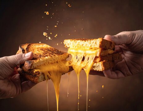 Gooey grilled cheese sandwich being pulled apart with melted cheese stretching between hands