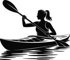 Black Silhouette of Female Kayaker Rowing on Water Vector Illustration for Summer Adventure Sports Outdoor Activity and Healthy Lifestyle Concept © MdAjijul