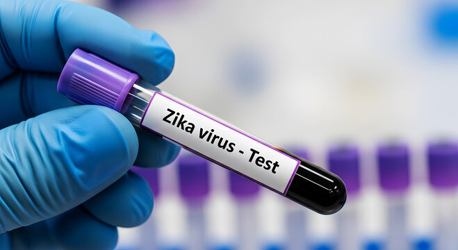 Hand in blue glove holding test tube labeled Zika virus test image