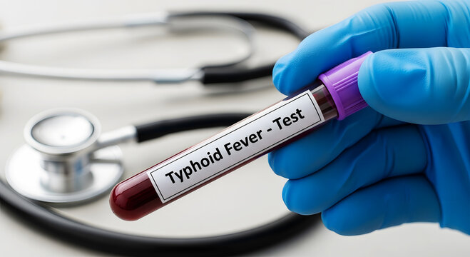 Hand in blue glove holds blood sample tube labeled Typhoid Fever Test image