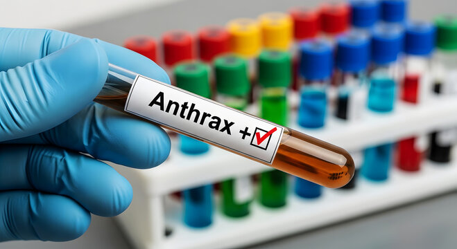 Hand in blue glove holds test tube labeled Anthrax positive with red checkmark image