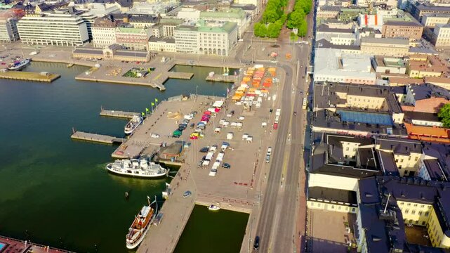 Helsinki, Finland. City center Drone footage. Market Square. Drone footage