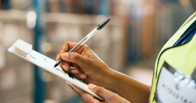 Logistics, writing and hands with clipboard in warehouse, supply chain and quality assurance report. Factory, notes and person with checklist for stock distribution, shipping or inspection for export