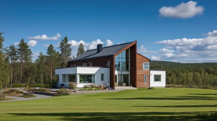 Obraz premium Modern architectural house with wooden elements, large windows, and scenic landscape in bright daylight, surrounded by lush greenery and blue sky