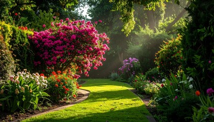 Fototapeta premium Lush garden path with vibrant blooms and dappled sunlight