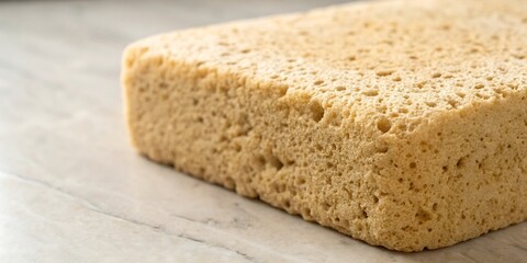 A close up macro shot of a single rectangular porous beige cleaning sponge on a marble surface