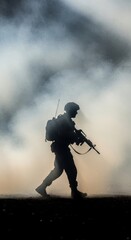 Naklejka premium Soldier in Silhouette Walking Through Smoke in Dramatic Scene